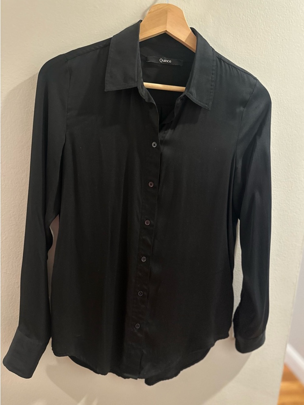 Quince Silk Flowy Black Washable Button-Up Blouse Minimalist Elegant Polished